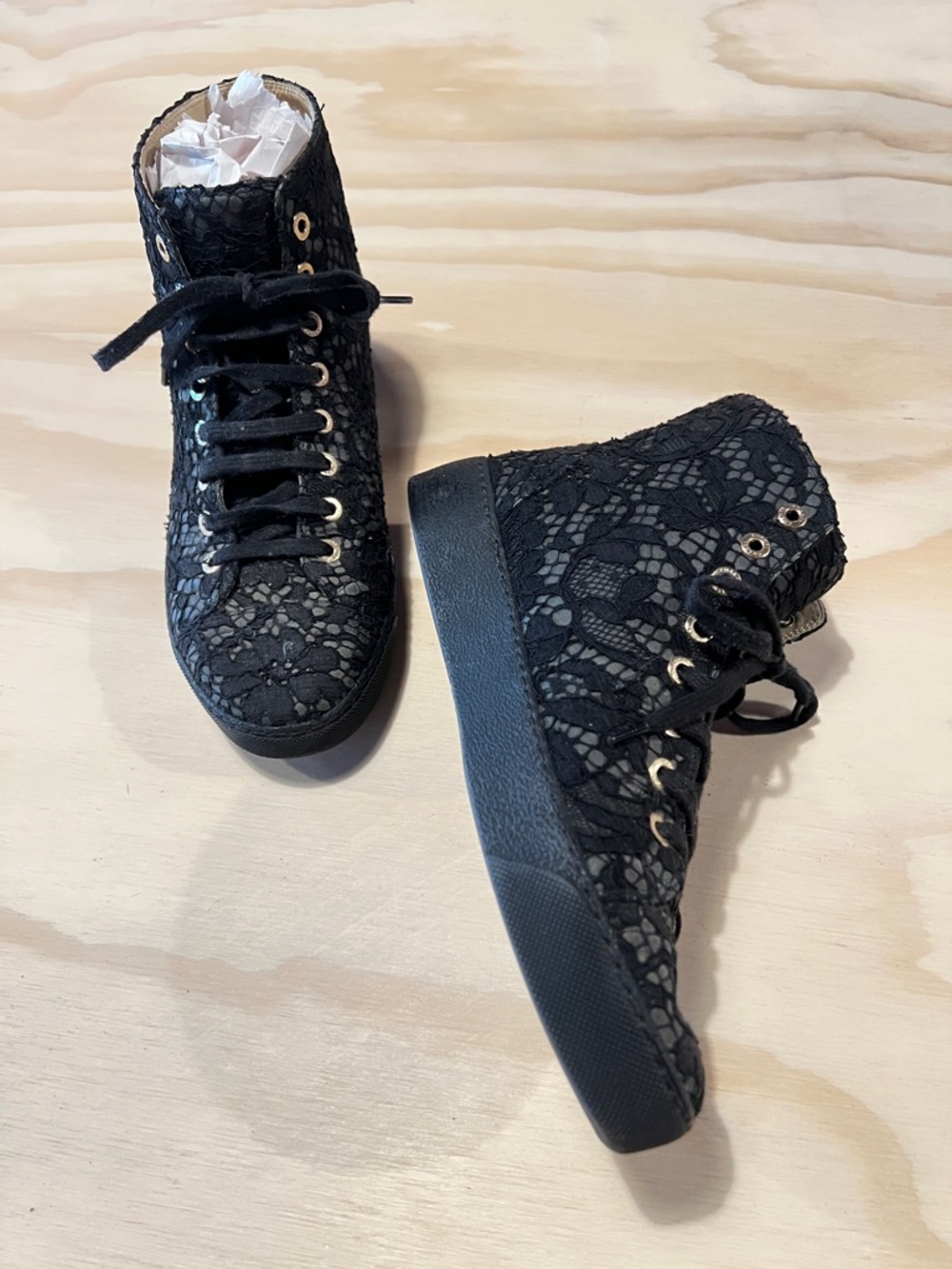 CHANEL Black Lace High-Top Sneakers - Women's
